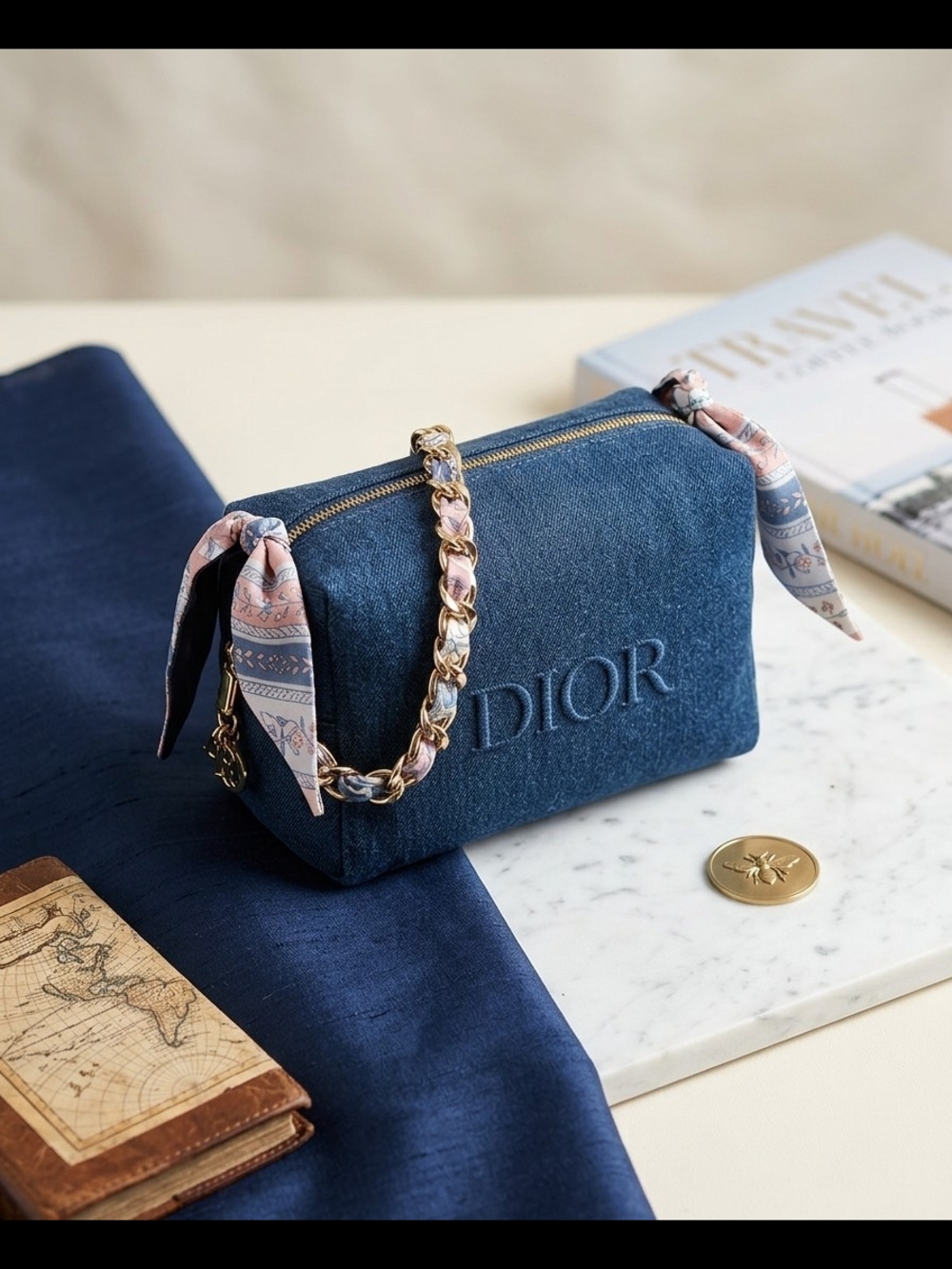 DIOR Blue Denim Beauty Bag with Chain Purse Scarf